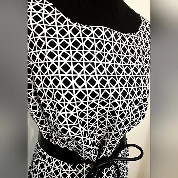 Talbots Petite Black White Geometric Print Dress Sleeveless Belted Size 14 - Picture 3 of 9